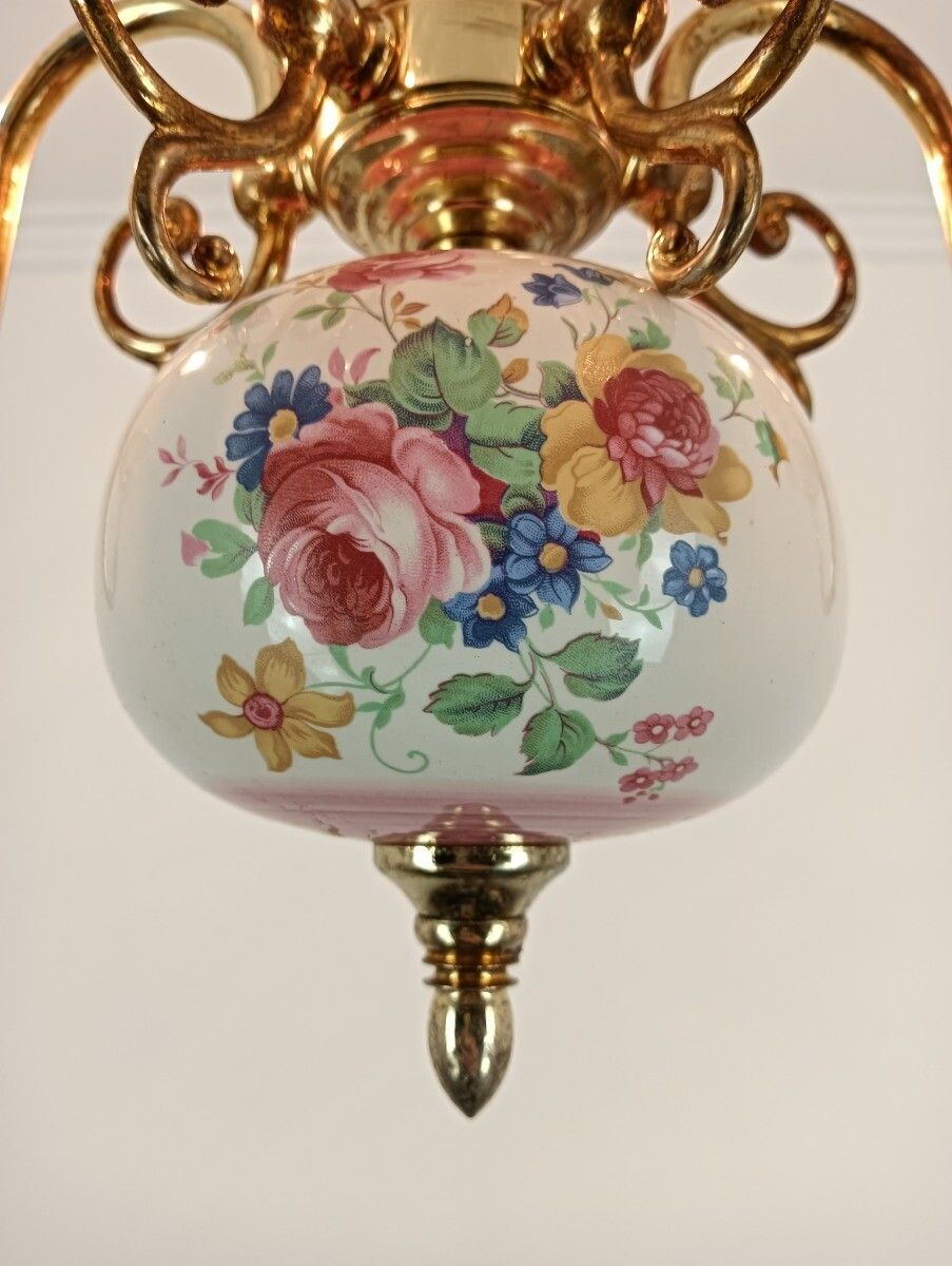 Vintage Chandelier Porcelain Italy Italian Fixture Flower Pattern Pink 5 Lights photo buy