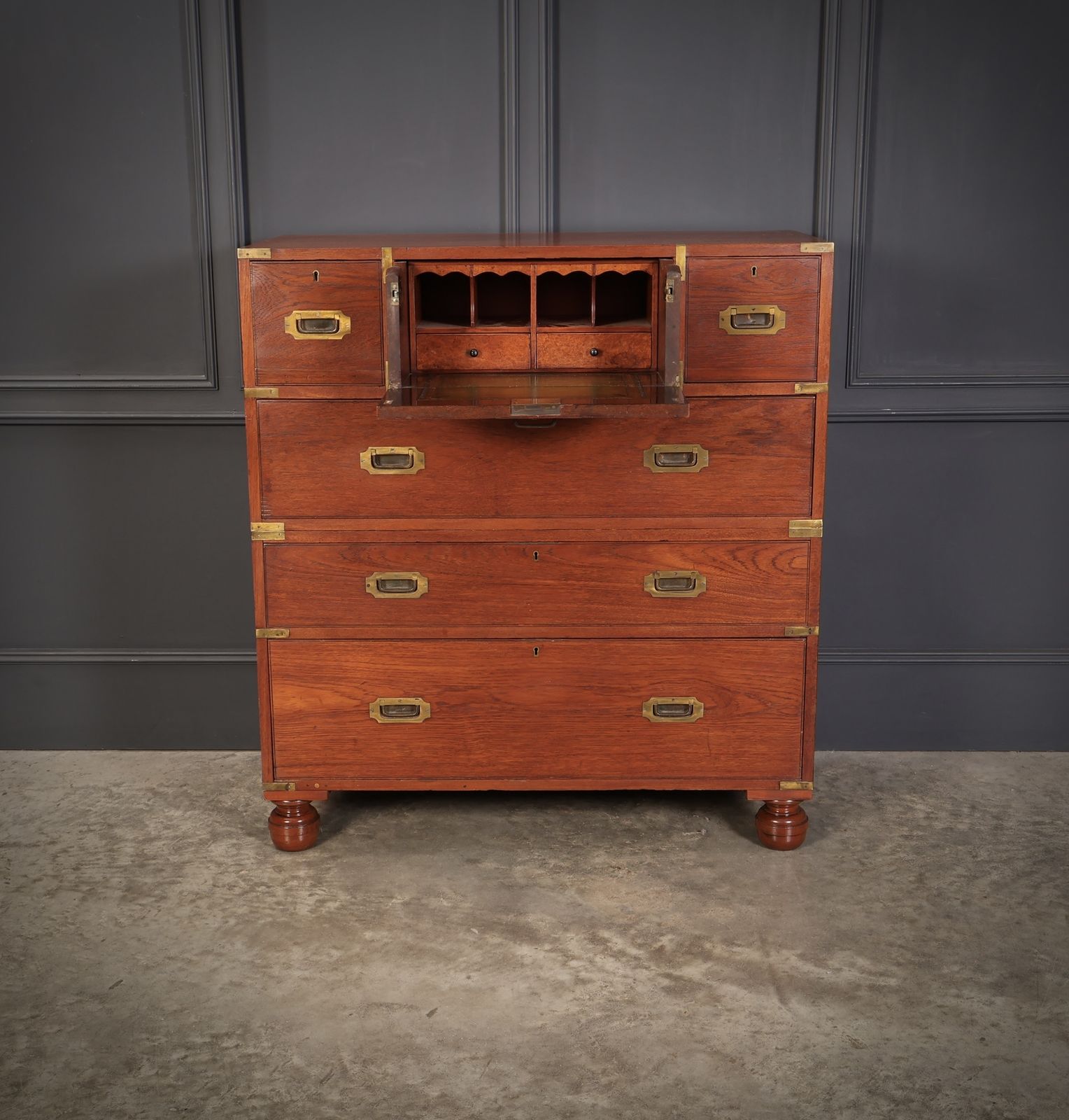 Genuine Victorian Teak Military Secretaire Chest