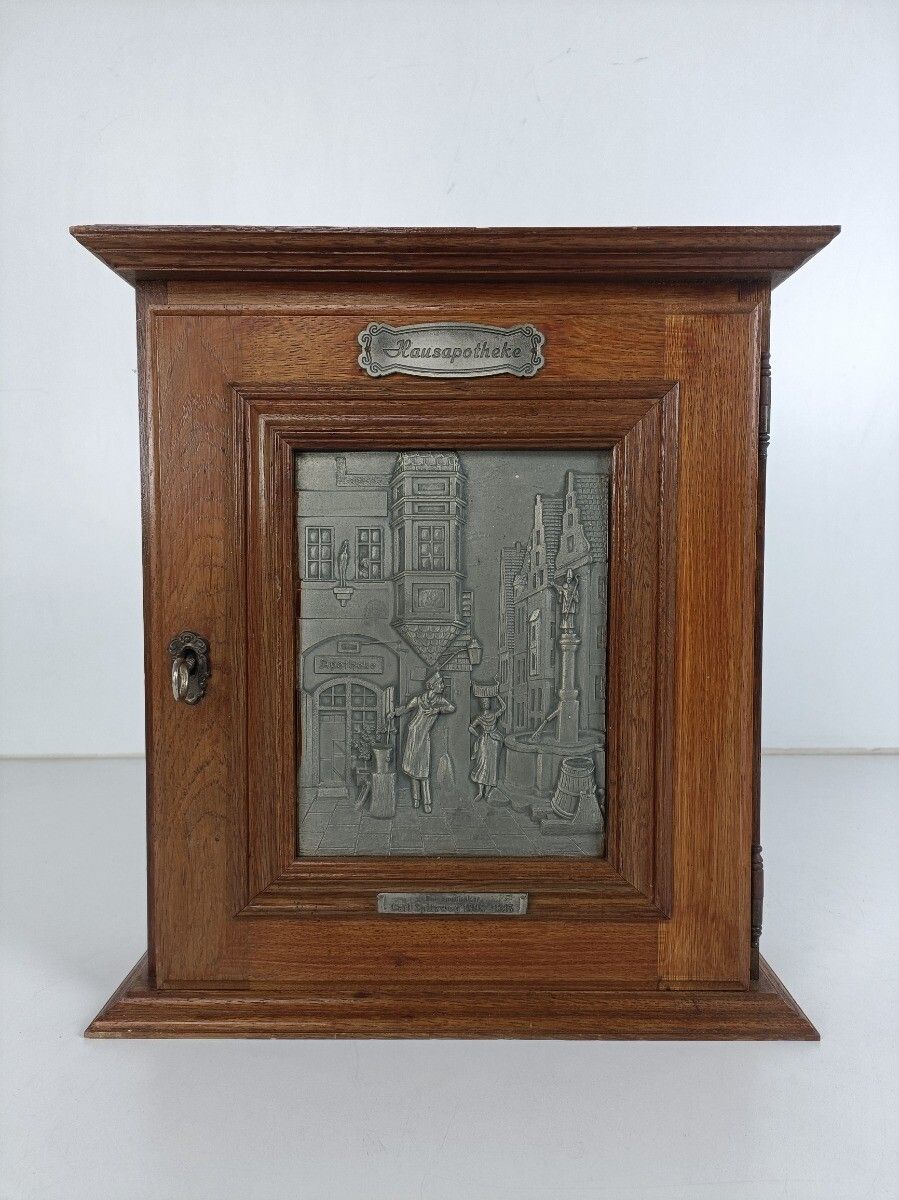 Vintage German Oak Kitchen Apothecary Wall Cabinet Brass Plaque Hausapotheke photo for sale