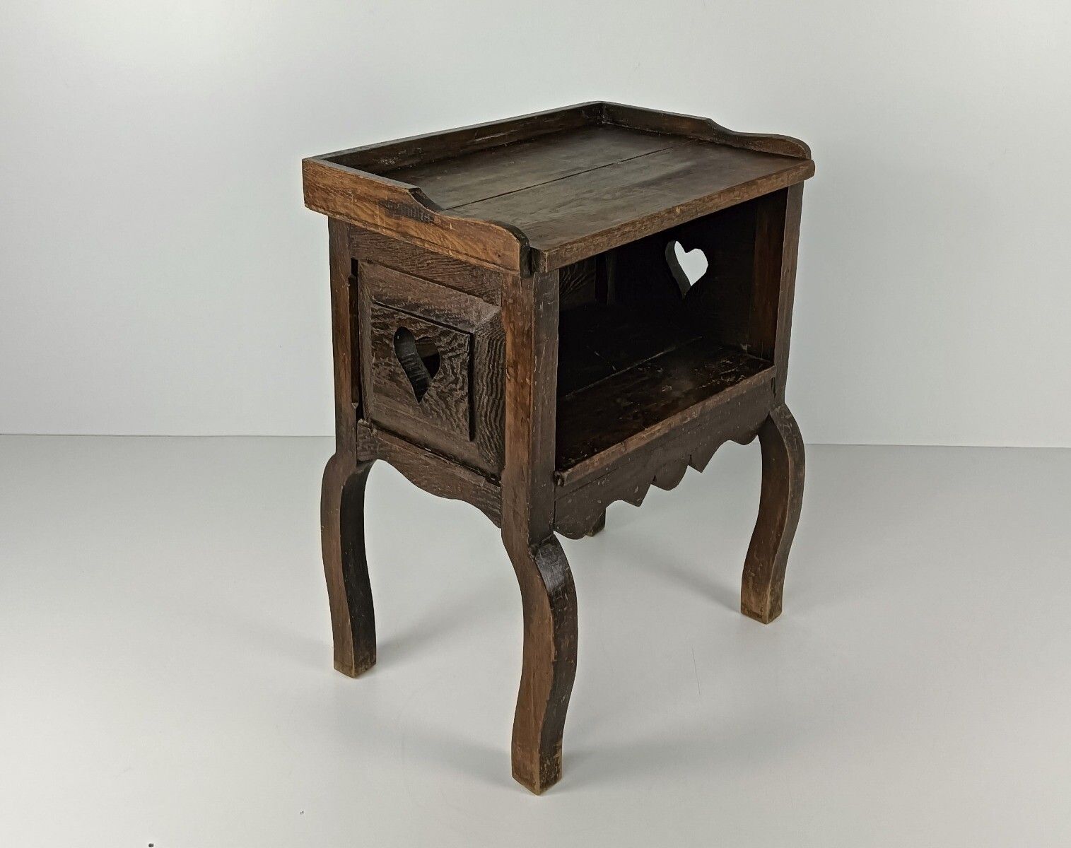 Antique French Country Bedside Table Nightstand 19th Century Heart Detail Carved photo for sale