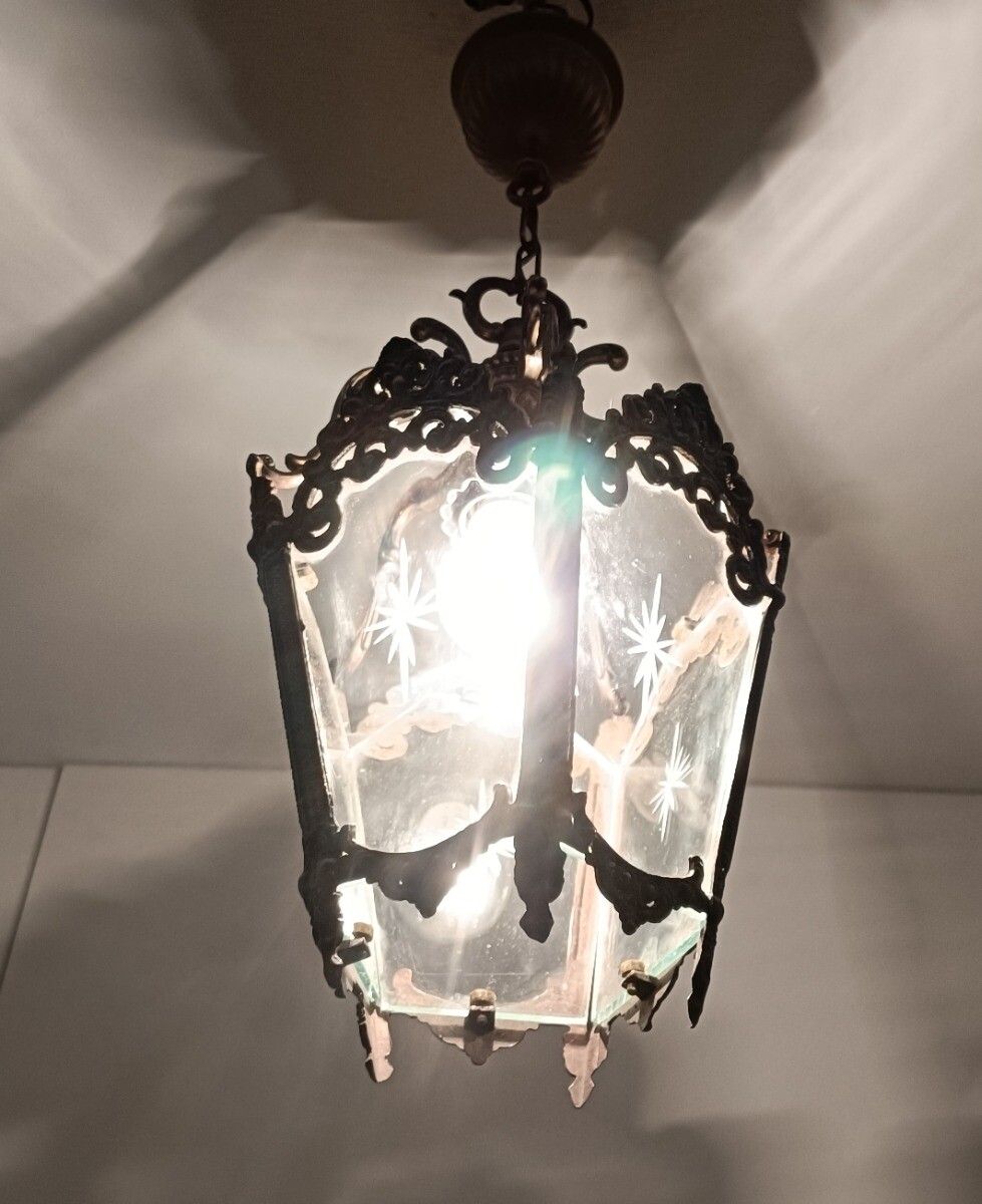 Brass Etched Glass Lantern Pendant Ceiling Fixture Vintage 1 Light Chandelier photo for sale