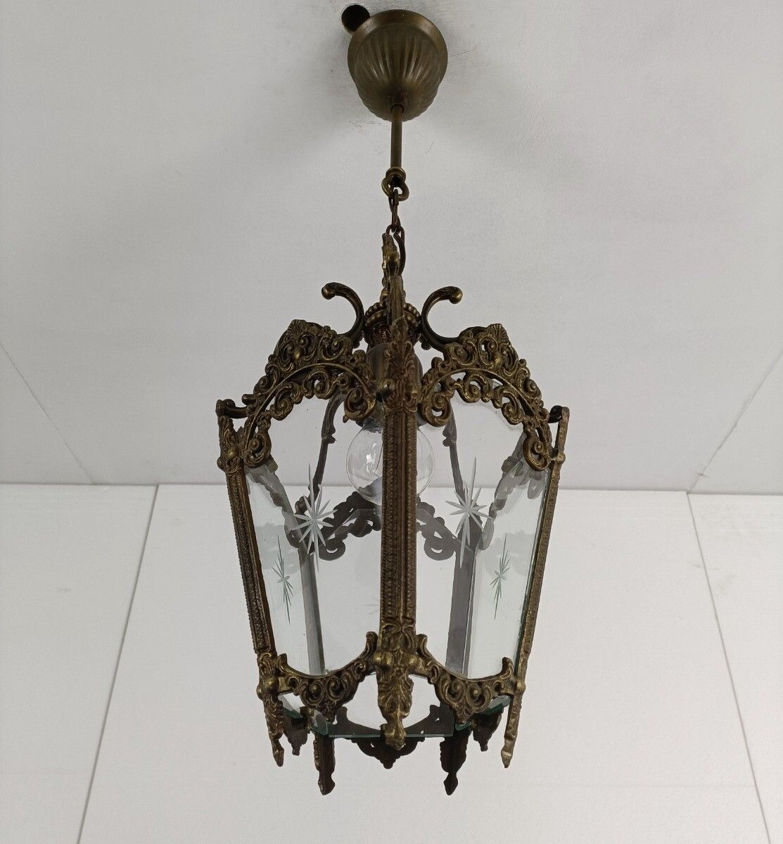 Brass Etched Glass Lantern Pendant Ceiling Fixture Vintage 1 Light Chandelier photo 263.0
