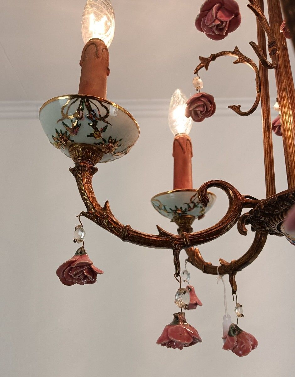 Lighting Lovely Italian Chandelier Brass With Porcelain Pink Flowers Romantic 6 Lights VI photo