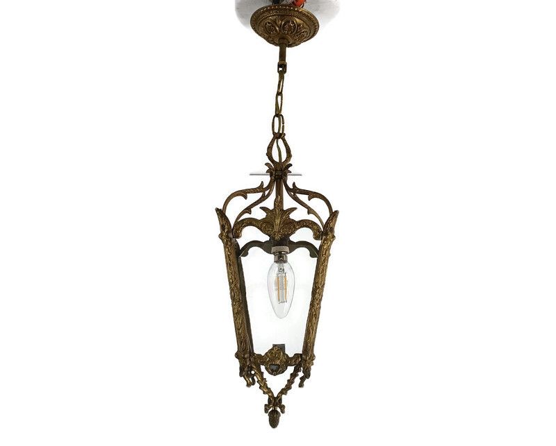 Pendant Lantern Etched Art Glass Ceiling Light Brass Vintage