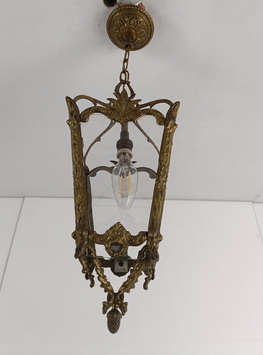 Pendant Lantern Etched Art Glass Ceiling Light Brass Vintage photo 198.0