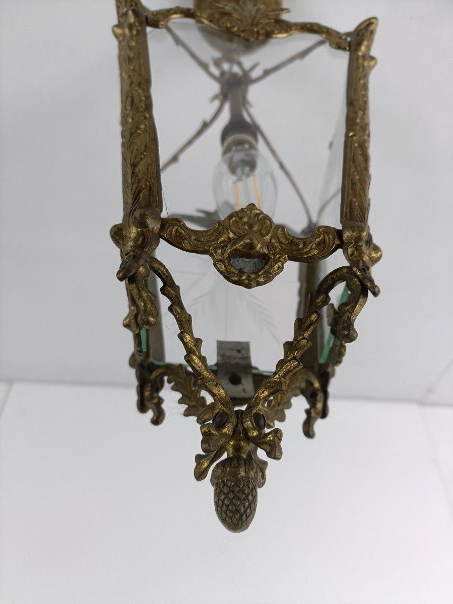 Pendant Lantern Etched Art Glass Ceiling Light Brass Vintage photo vinterior
