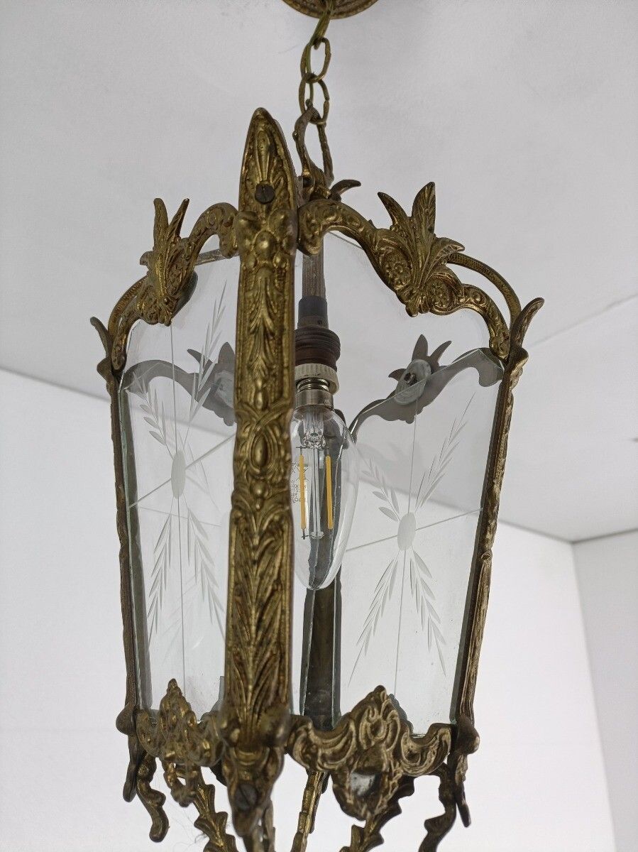 Pendant Lantern Etched Art Glass Ceiling Light Brass Vintage photo buy