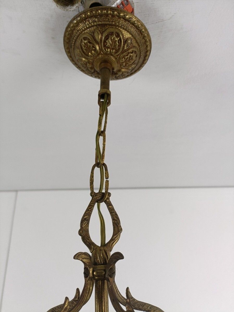 photo for sale Pendant Lantern Etched Art Glass Ceiling Light Brass Vintage