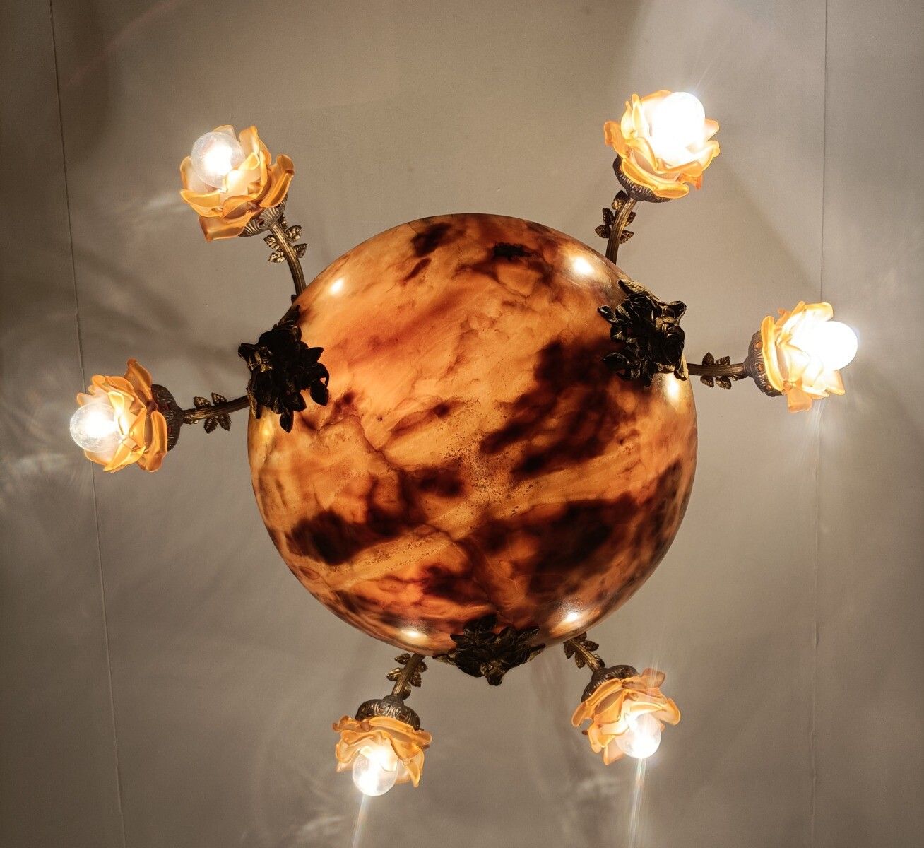 photo furniture Art Nouveau Pendant Chandelier Alabaster Amber Flower Shades 9 Lights  Antique G