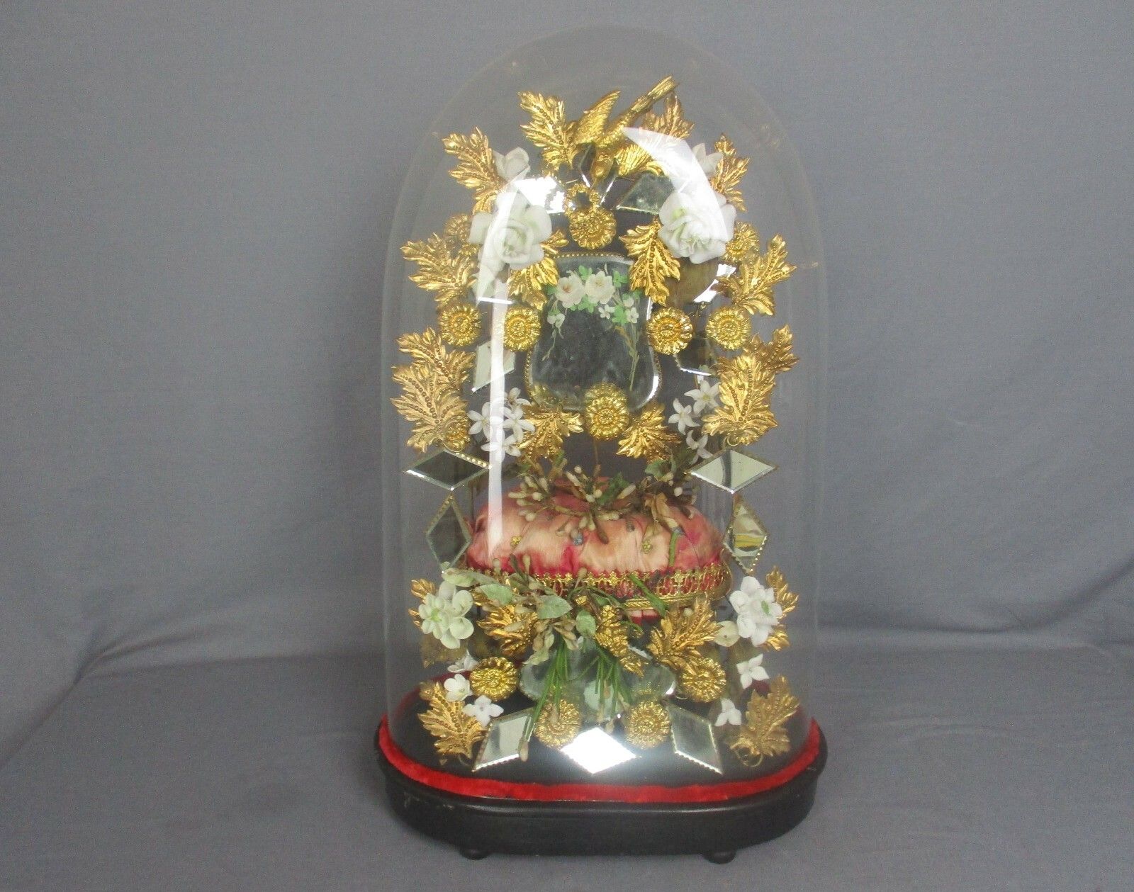 Antique 1800 Victorian French Bridal Wedding Dome Gold Gilt Leafs  Ormolu Birds