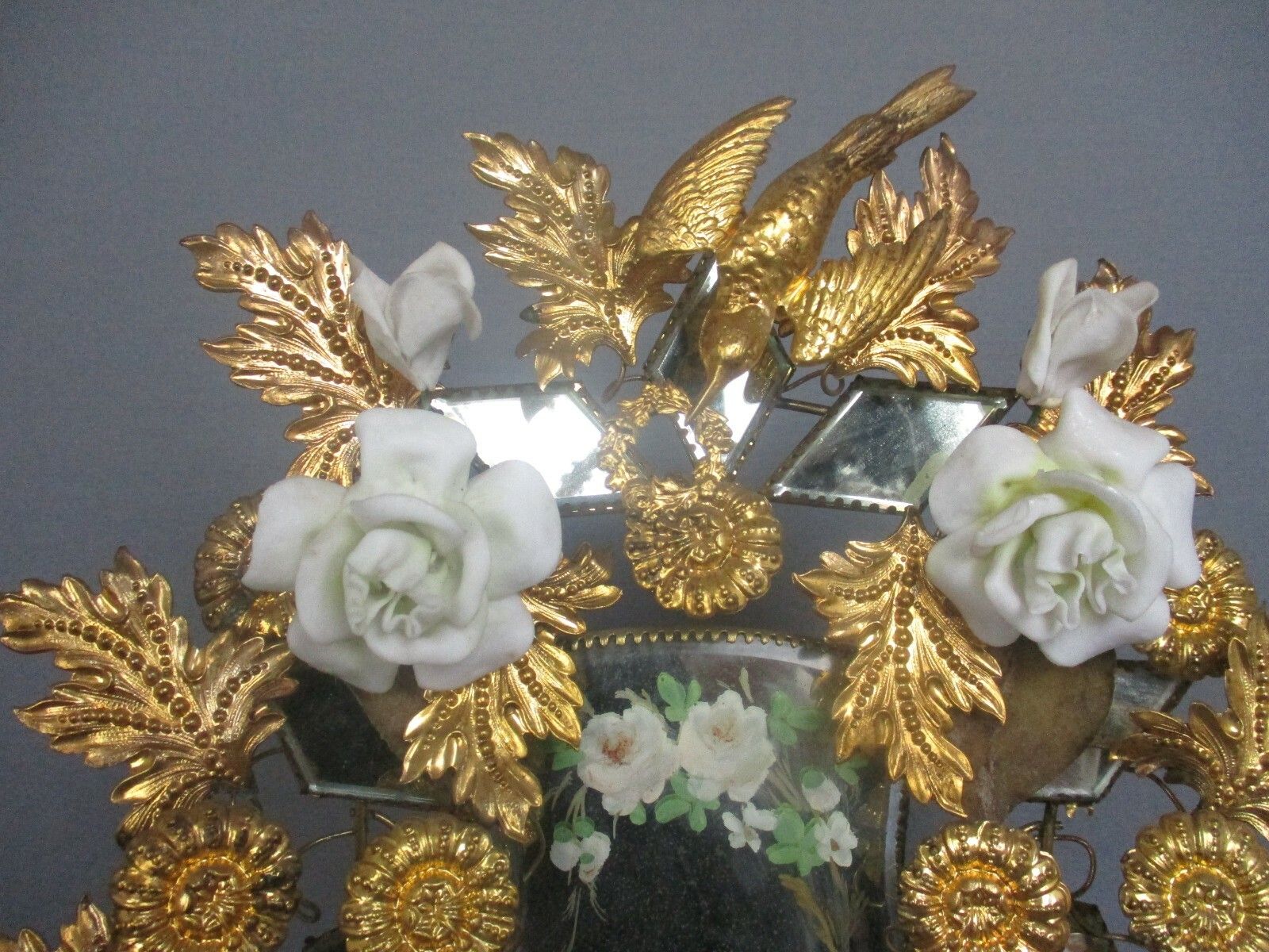 Antique 1800 Victorian French Bridal Wedding Dome Gold Gilt Leafs  Ormolu Birds photo vintage