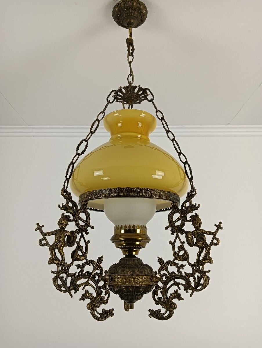 Lampe Belge Yellow Amber Glass Shade Brass Knights Dragon Slayers Dragons Antiqu photo furniture
