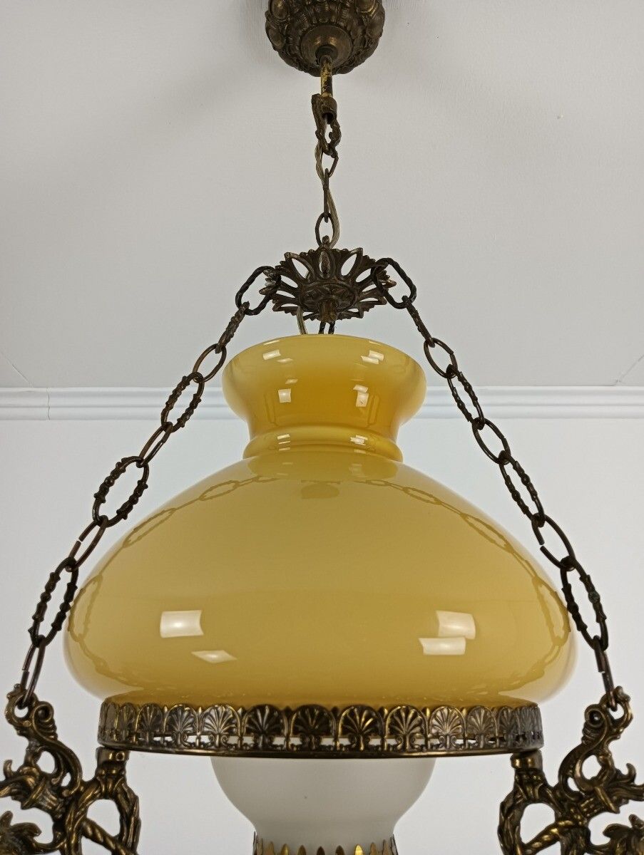 Lampe Belge Yellow Amber Glass Shade Brass Knights Dragon Slayers Dragons Antiqu photo for sale