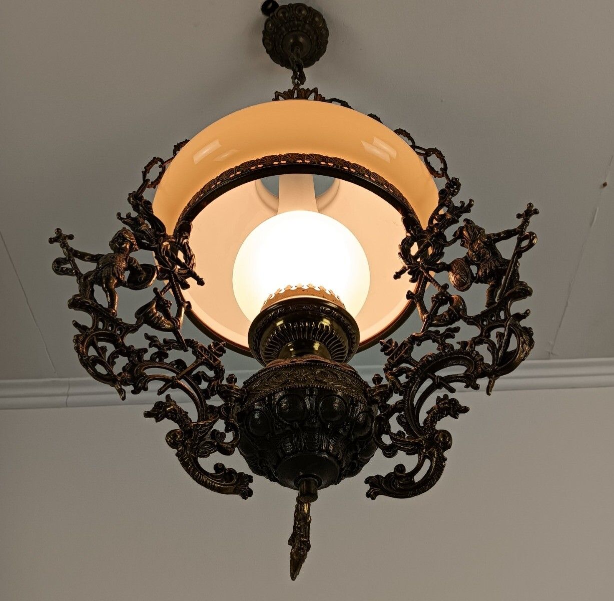 Lampe Belge Yellow Amber Glass Shade Brass Knights Dragon Slayers Dragons Antiqu photo buy