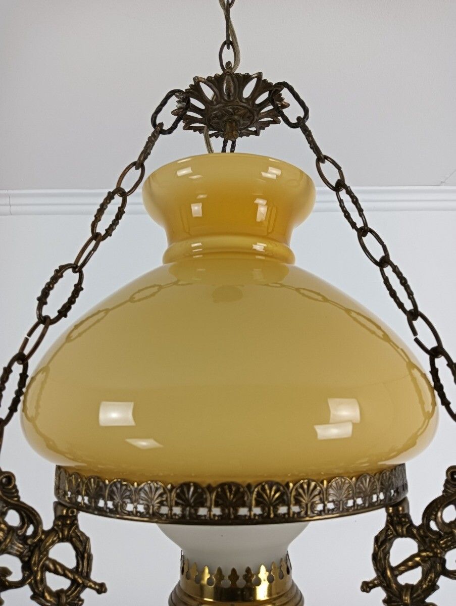 Lampe Belge Yellow Amber Glass Shade Brass Knights Dragon Slayers Dragons Antiqu photo vintage