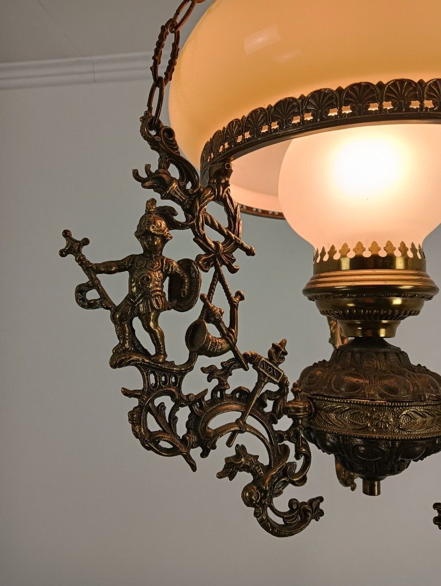 photo furniture Lampe Belge Yellow Amber Glass Shade Brass Knights Dragon Slayers Dragons Antiqu