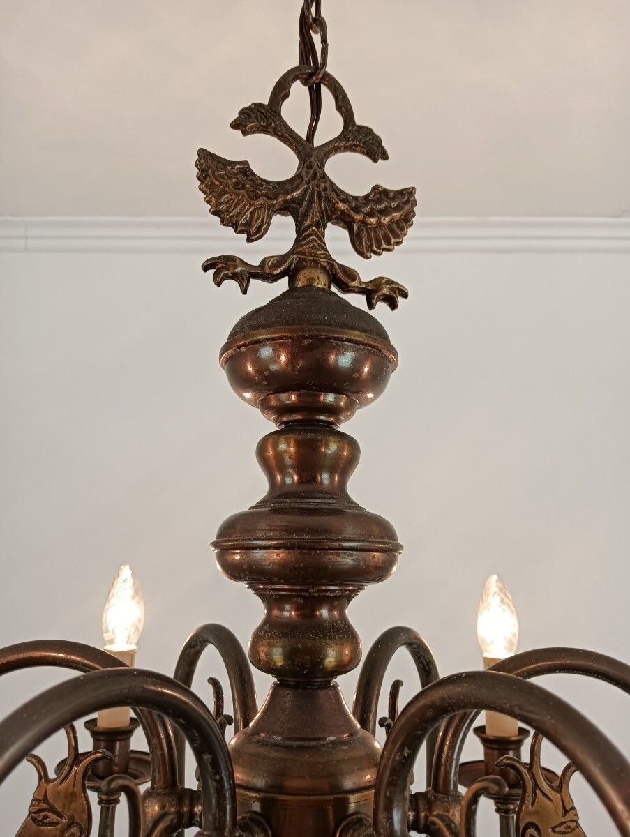 Flemish Dutch Chandelier 6 Arm Lights Brass Eagles Faces  Ornate Barn Farmhouse photo for sale