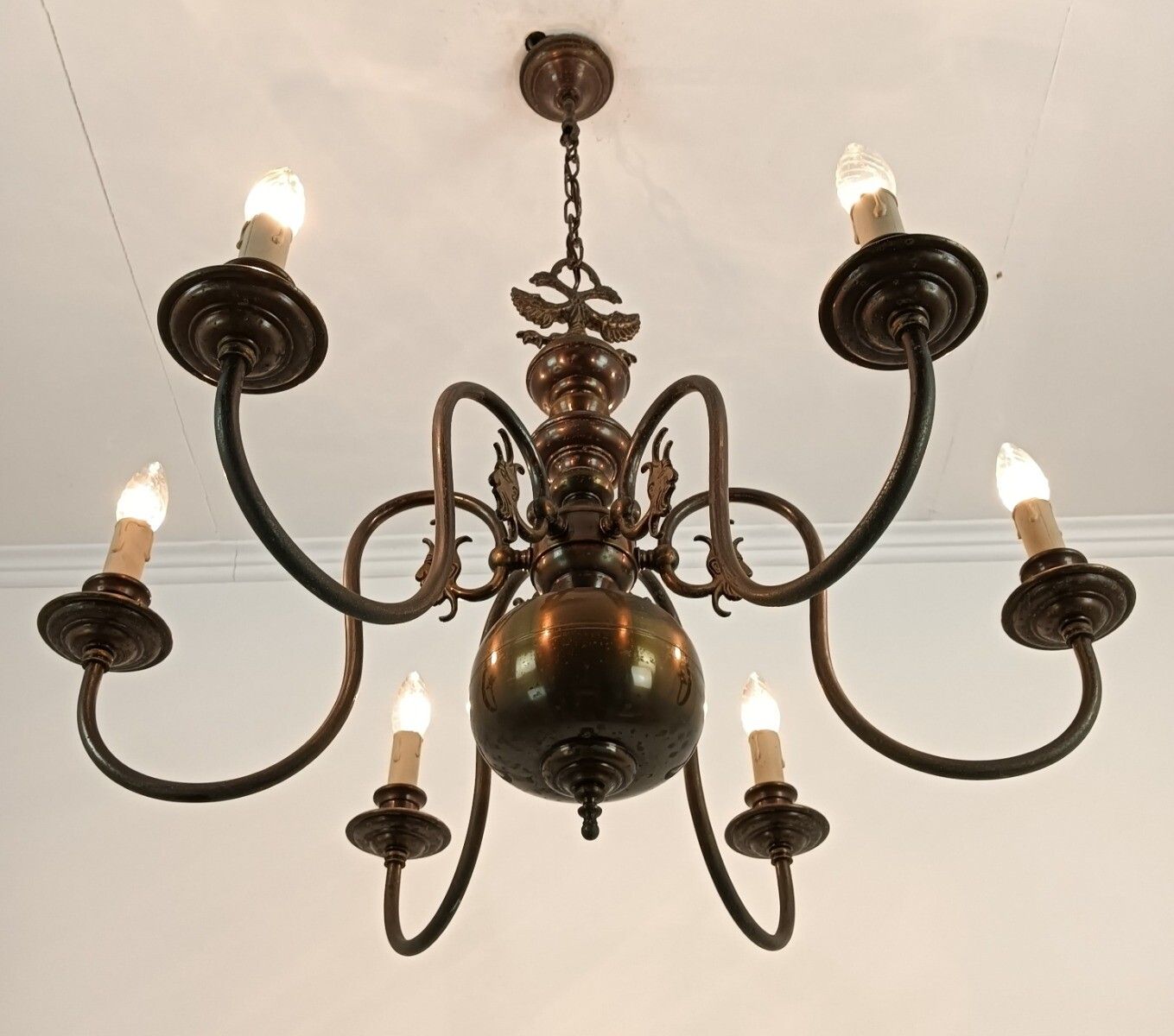 Lighting Flemish Dutch Chandelier 6 Arm Lights Brass Eagles Faces  Ornate Barn Farmhouse photo