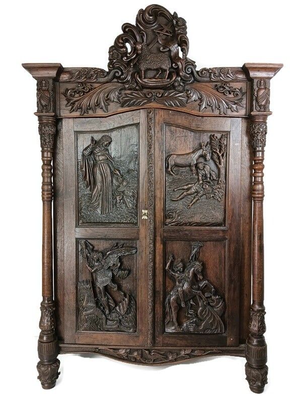 Gothic Antique 18th Century Carved Oak Religious Scenery Saint Dragon Cabinet Wo