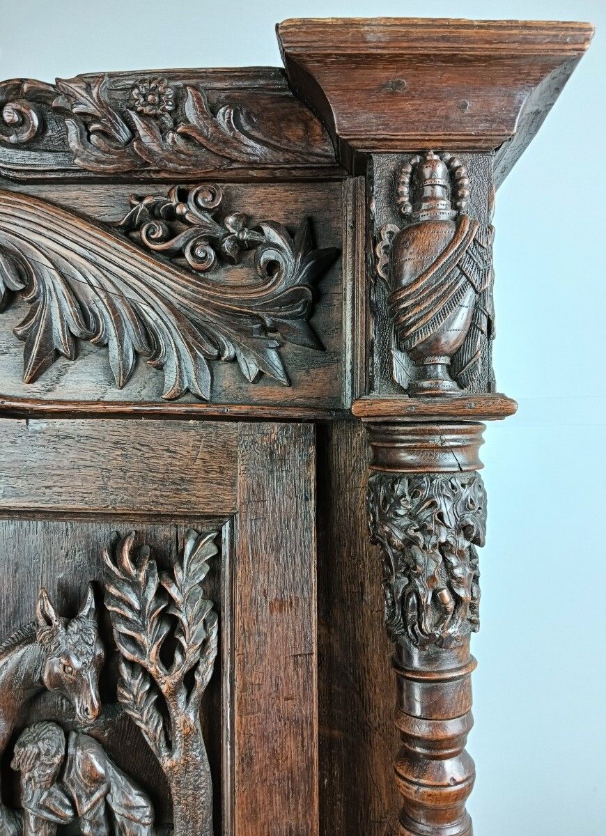 Gothic Antique 18th Century Carved Oak Religious Scenery Saint Dragon Cabinet Wo photo for sale