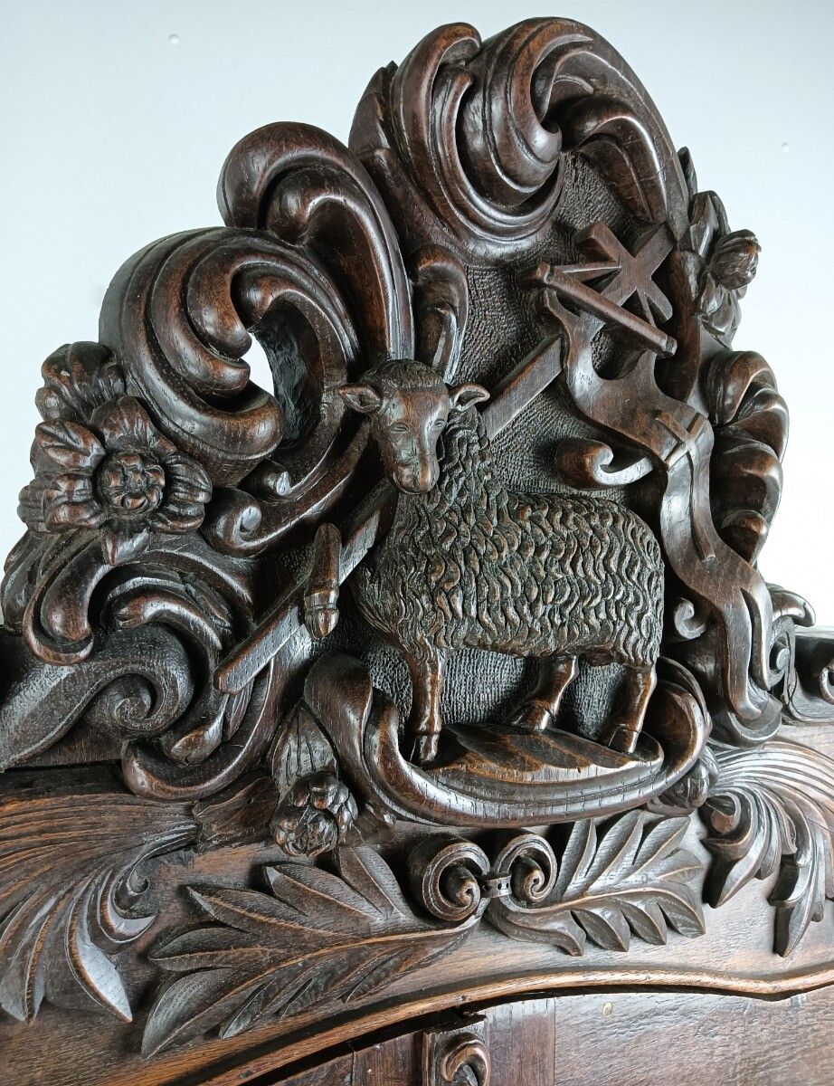 Gothic Antique 18th Century Carved Oak Religious Scenery Saint Dragon Cabinet Wo photo Furniture
