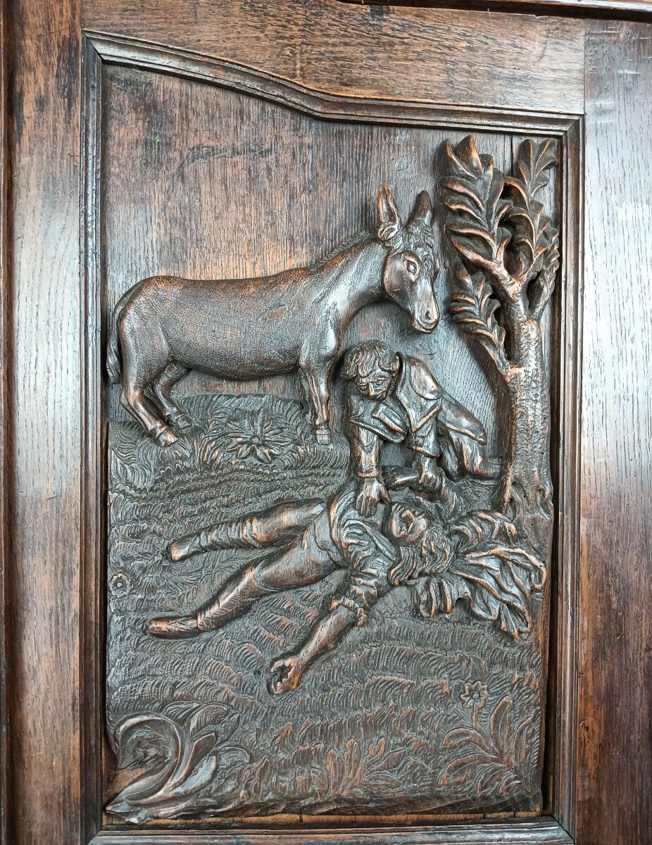 Gothic Antique 18th Century Carved Oak Religious Scenery Saint Dragon Cabinet Wo photo buy