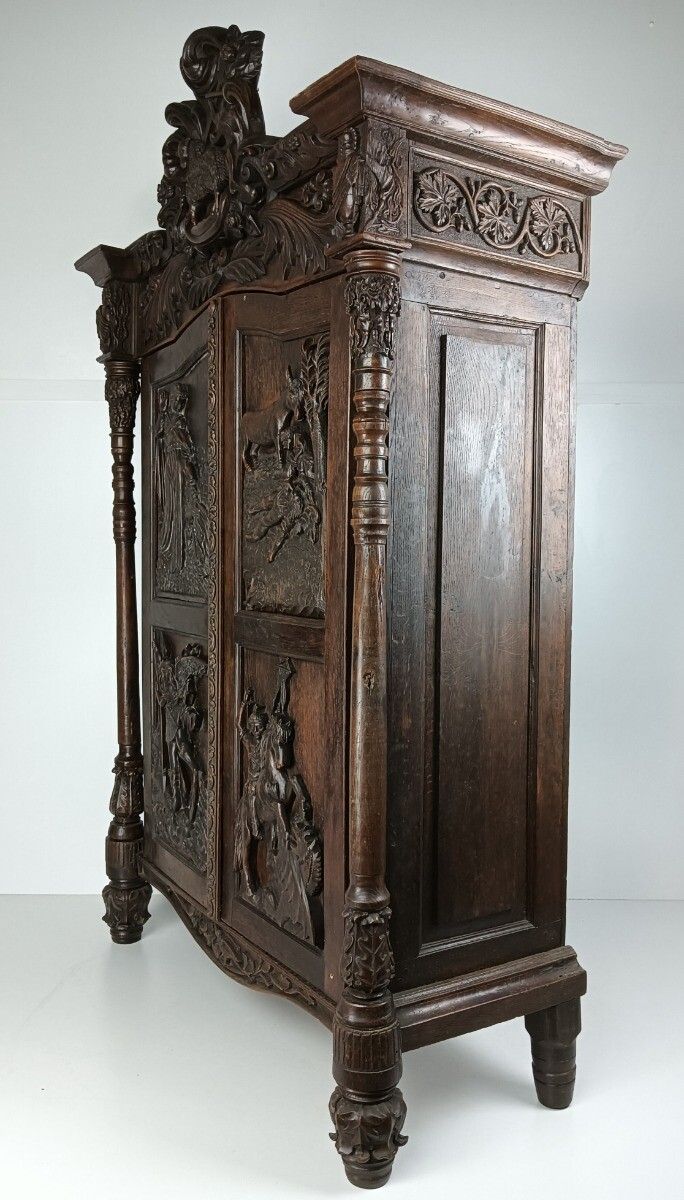Furniture Gothic Antique 18th Century Carved Oak Religious Scenery Saint Dragon Cabinet Wo photo