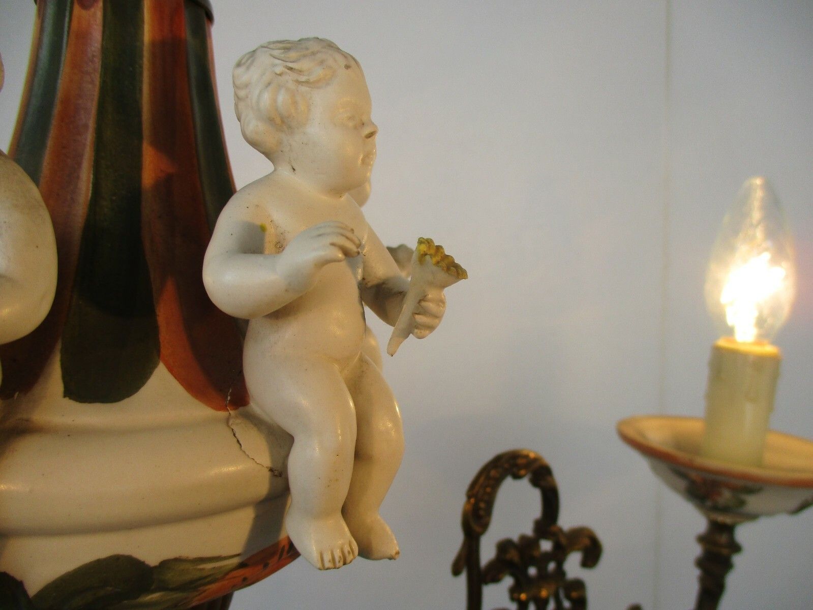 Vintage Capodimonte Style Chandelier 6 Arm Lights Porcelain Putti Cherubs Eros photo furniture
