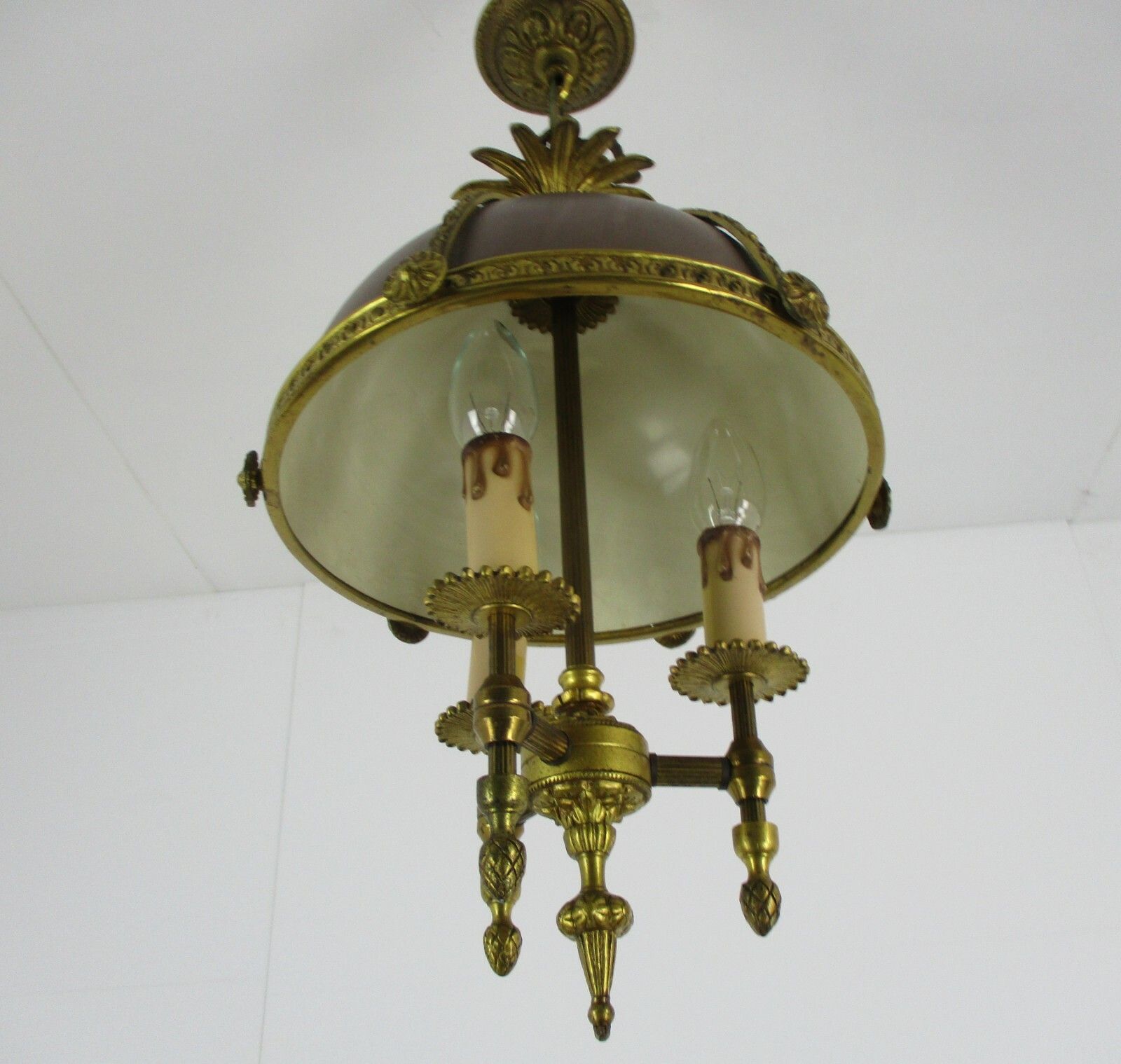 French Empire Bouillotte Chandelier 3 Lights Brown Tole Garlands Guirlandes Rare photo vintage