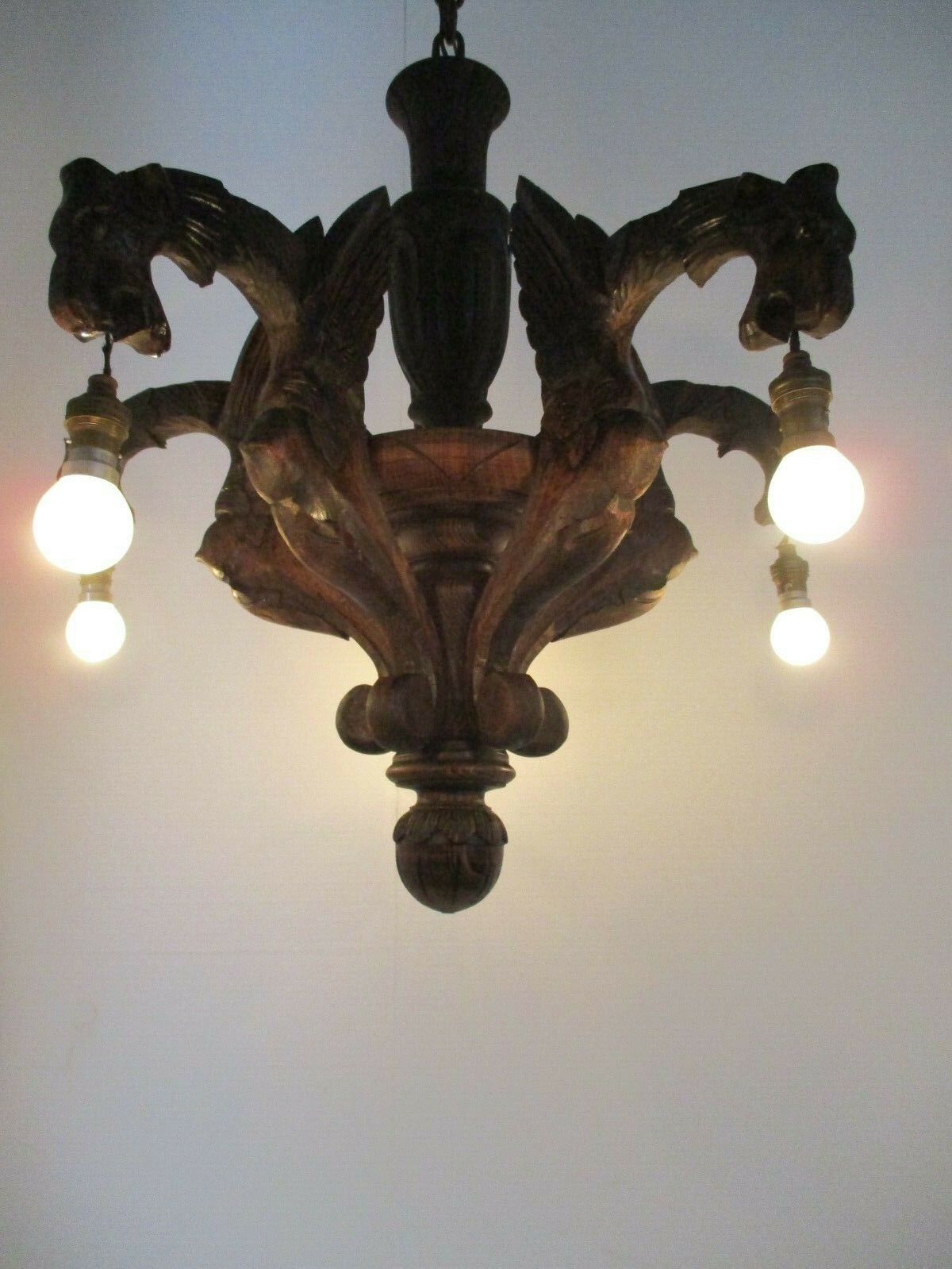 Gothic Hand Carved Wooden Ornate Chandelier 5 Arms Lights  Dragons  Wow photo vintage