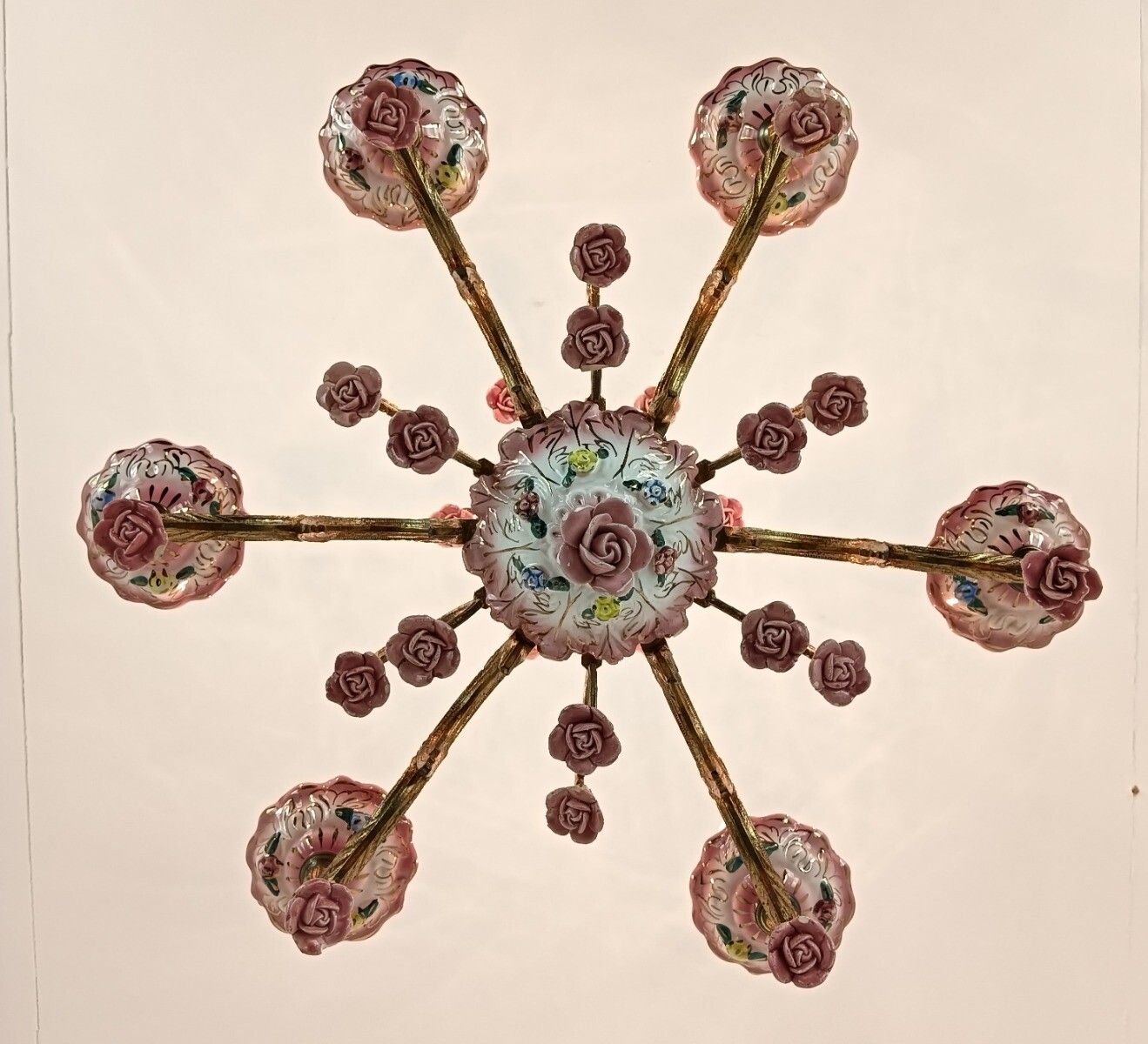Chandelier Romantic Vintage Porcelain Small Pink Flowers 6 Lights Arm Italy photo Lighting