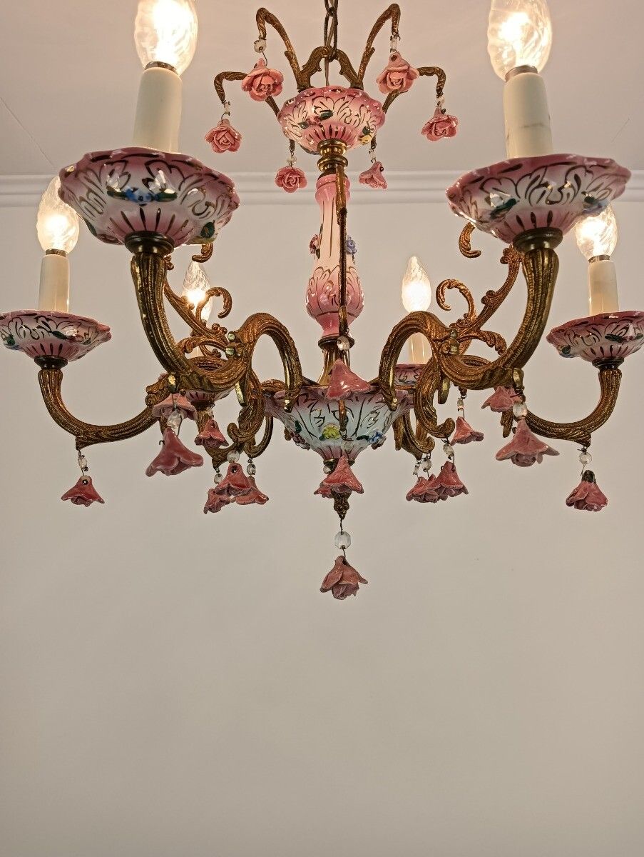 Chandelier Romantic Vintage Porcelain Small Pink Flowers 6 Lights Arm Italy photo vinterior