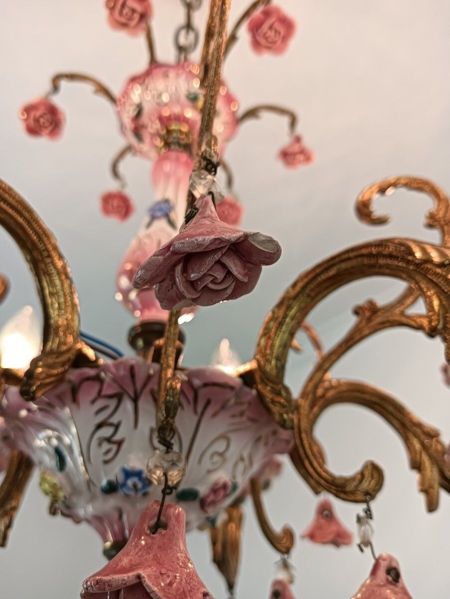 photo for sale Chandelier Romantic Vintage Porcelain Small Pink Flowers 6 Lights Arm Italy