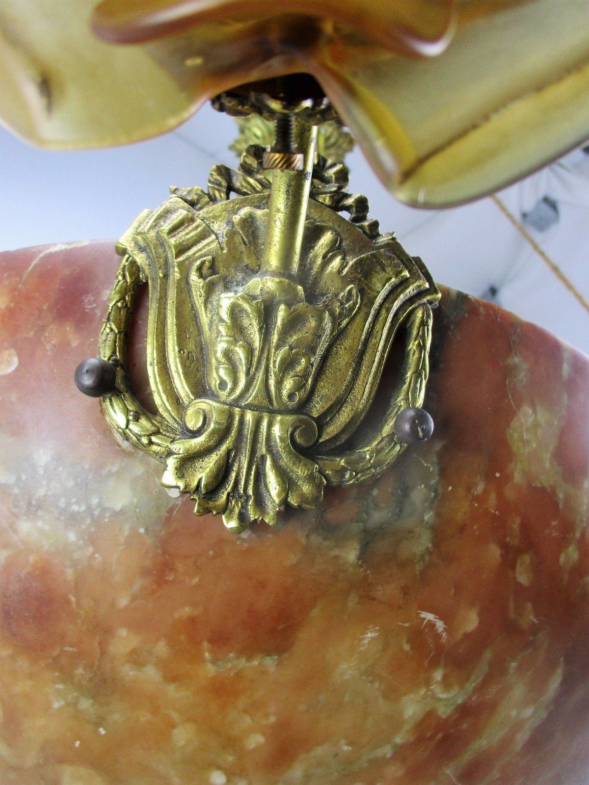 Art Nouveau Pendant Chandelier Alabaster Amber Flower Shades 4 Lights Ormolu photo vinterior