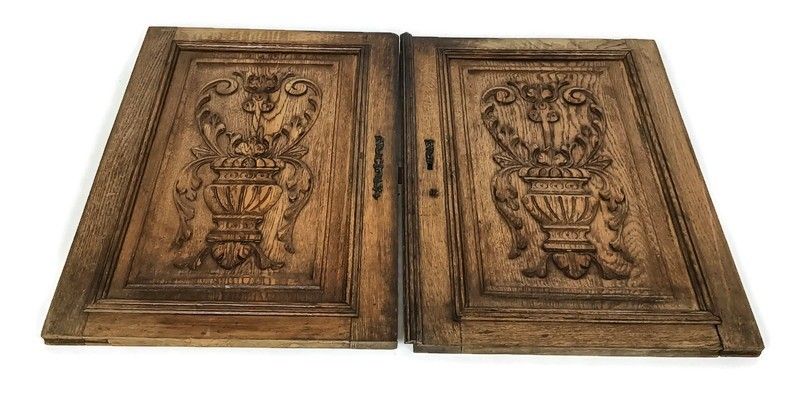 Pair Antique Hand Carved Wood Door Panels Reclaimed Architectural Flower Baskets