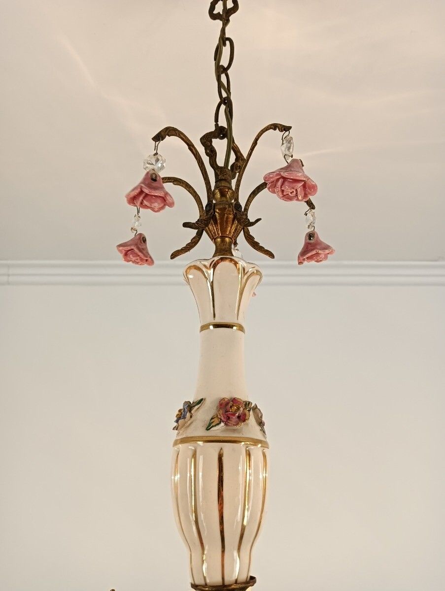 Italian Porcelain Brass Chandelier White Pink Small Flowers 6 Lights Arm Vintage photo Lighting
