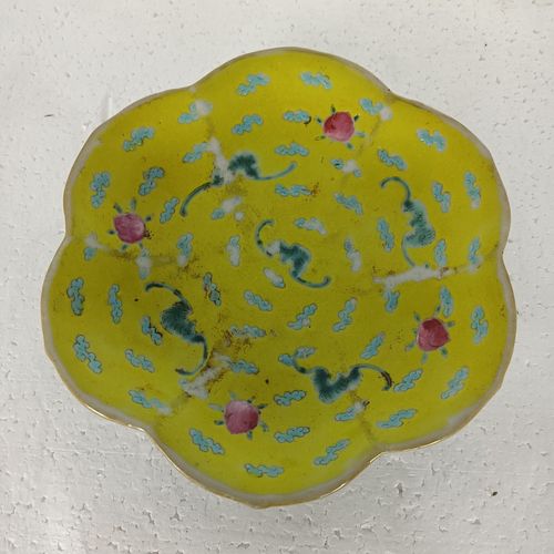 Small Antique Dish Centerpiece Porcelain Chinese Enamel Marked Yellow photo for sale