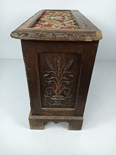 973.0 Antique 19th Century Ornate Carved Wooden Box Chest Trunk Tapestry Stunning Wow photo