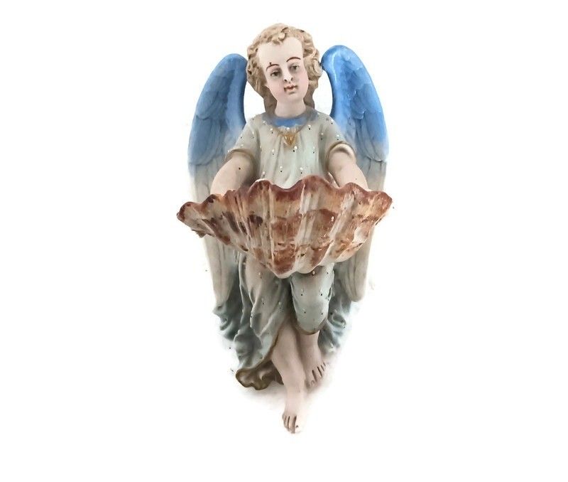 Large Holy Water Font Vessel Antique Marked M&L Angel Wall Hanging Christianity