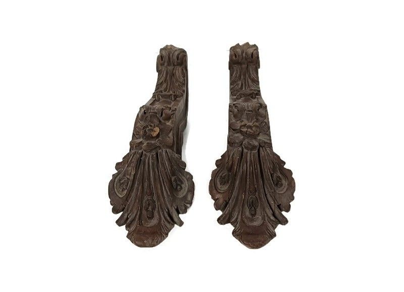 Ornate Pair Corbels Hand Carved Wood Pediment Antique  Finial Architectural Fini