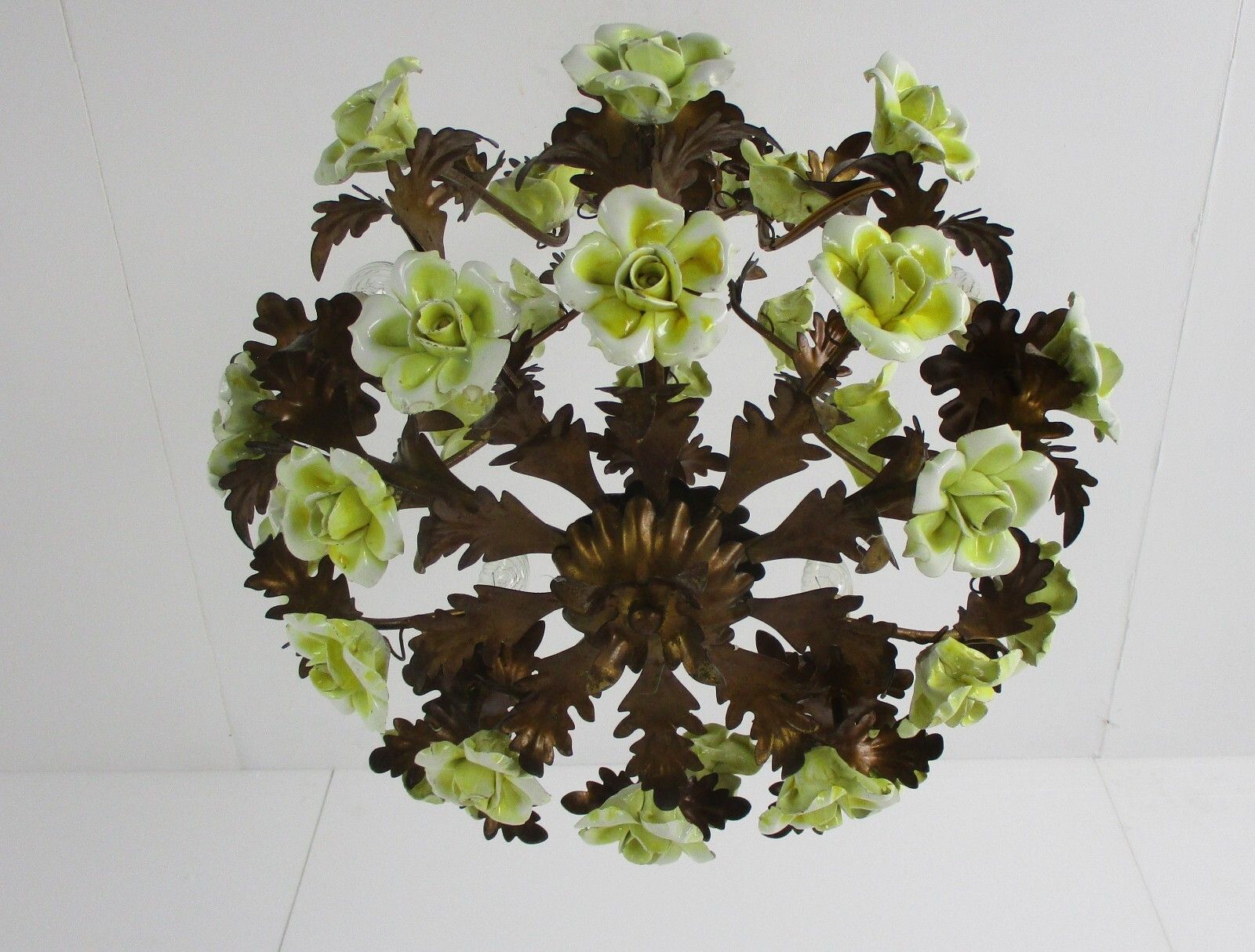 Italian Chandelier 5 Arm Lights Ornate Faux Brass Porcelain Flowers  Wow photo 576.0