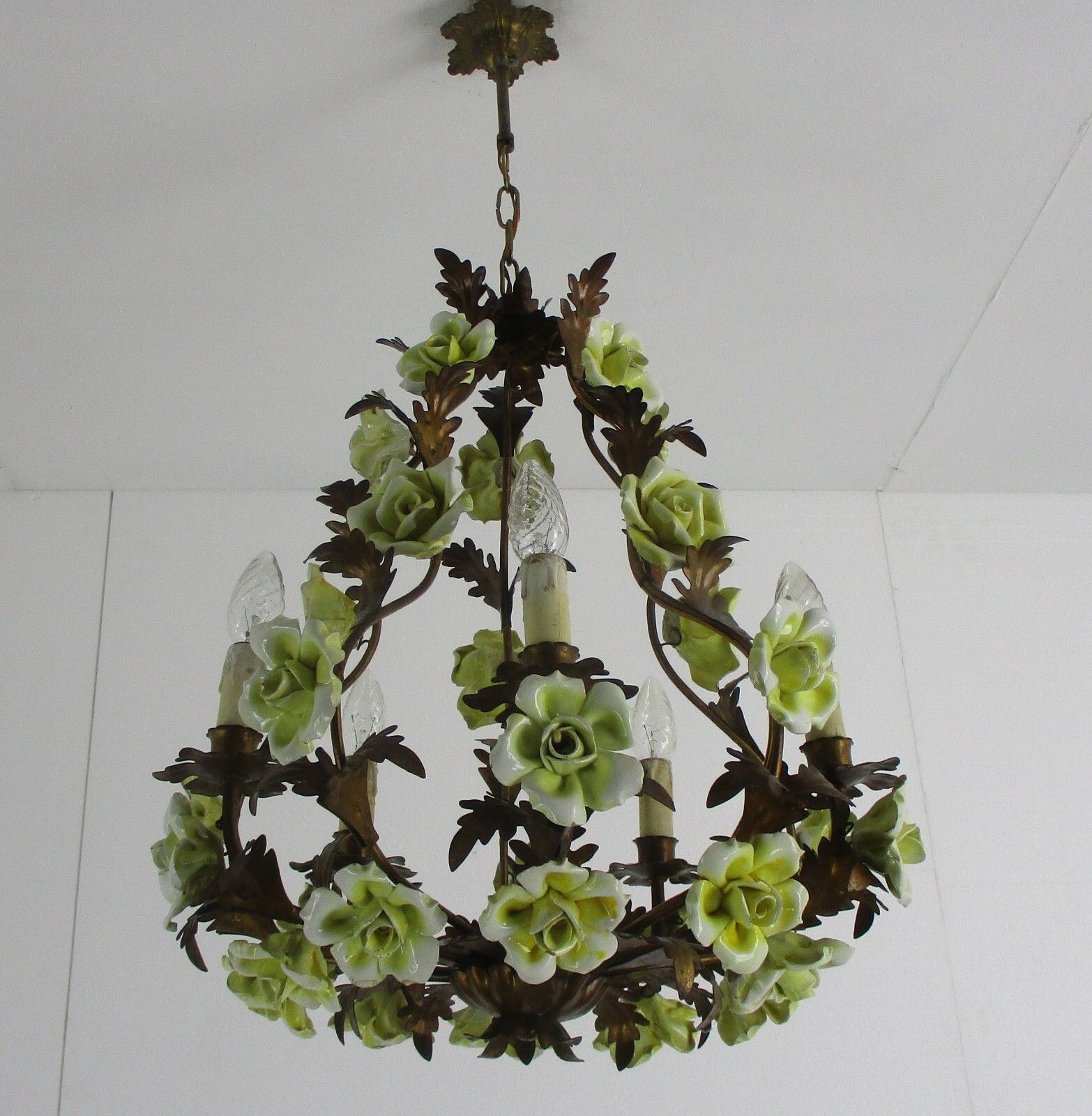 Italian Chandelier 5 Arm Lights Ornate Faux Brass Porcelain Flowers  Wow photo vinterior