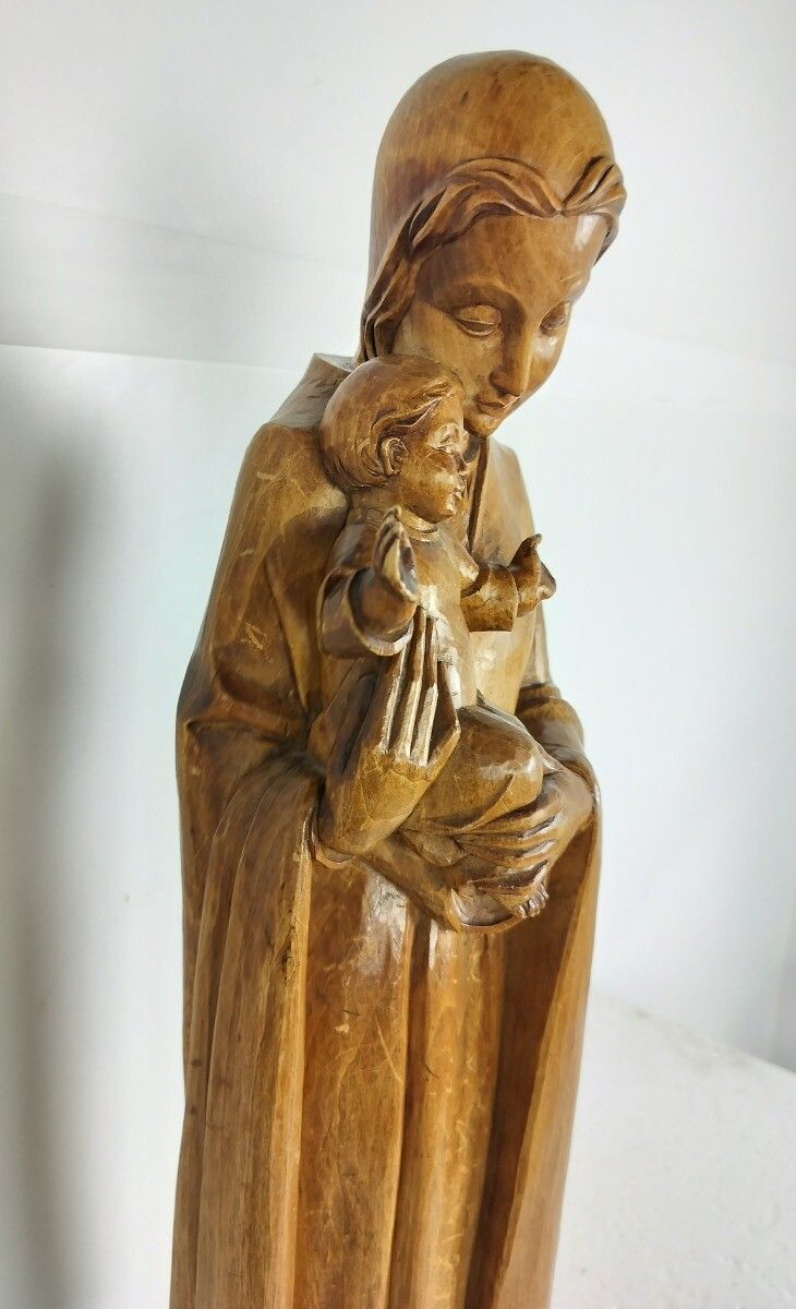 Large Vintage Hand Carved Wood Wooden Statue Oberammergau Virgin Mary Infant Jes photo Art