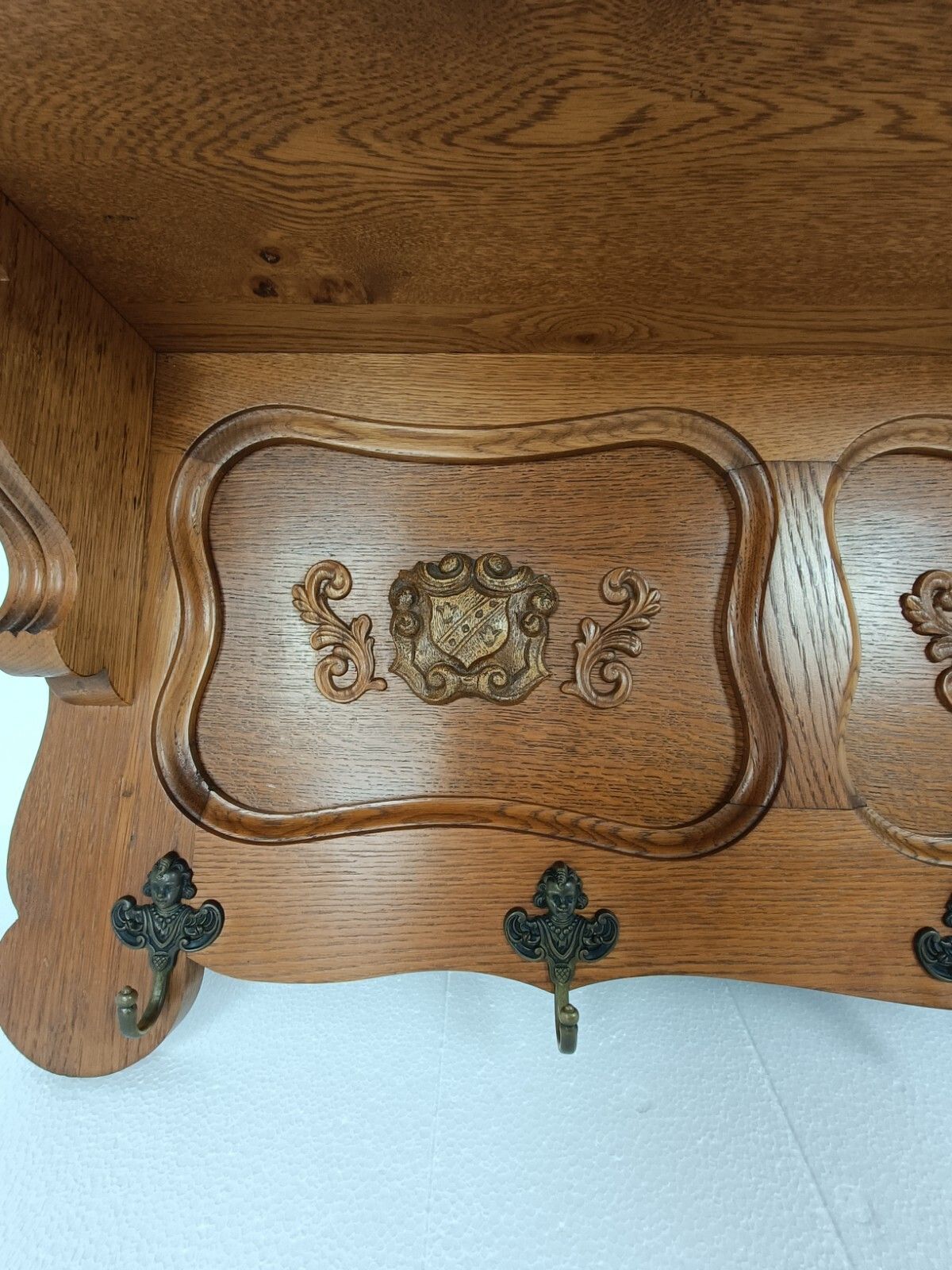 Hand Carved Wood Coat Hat Rack Ornate Breughel Style Faces Shield 30s 40s photo buy