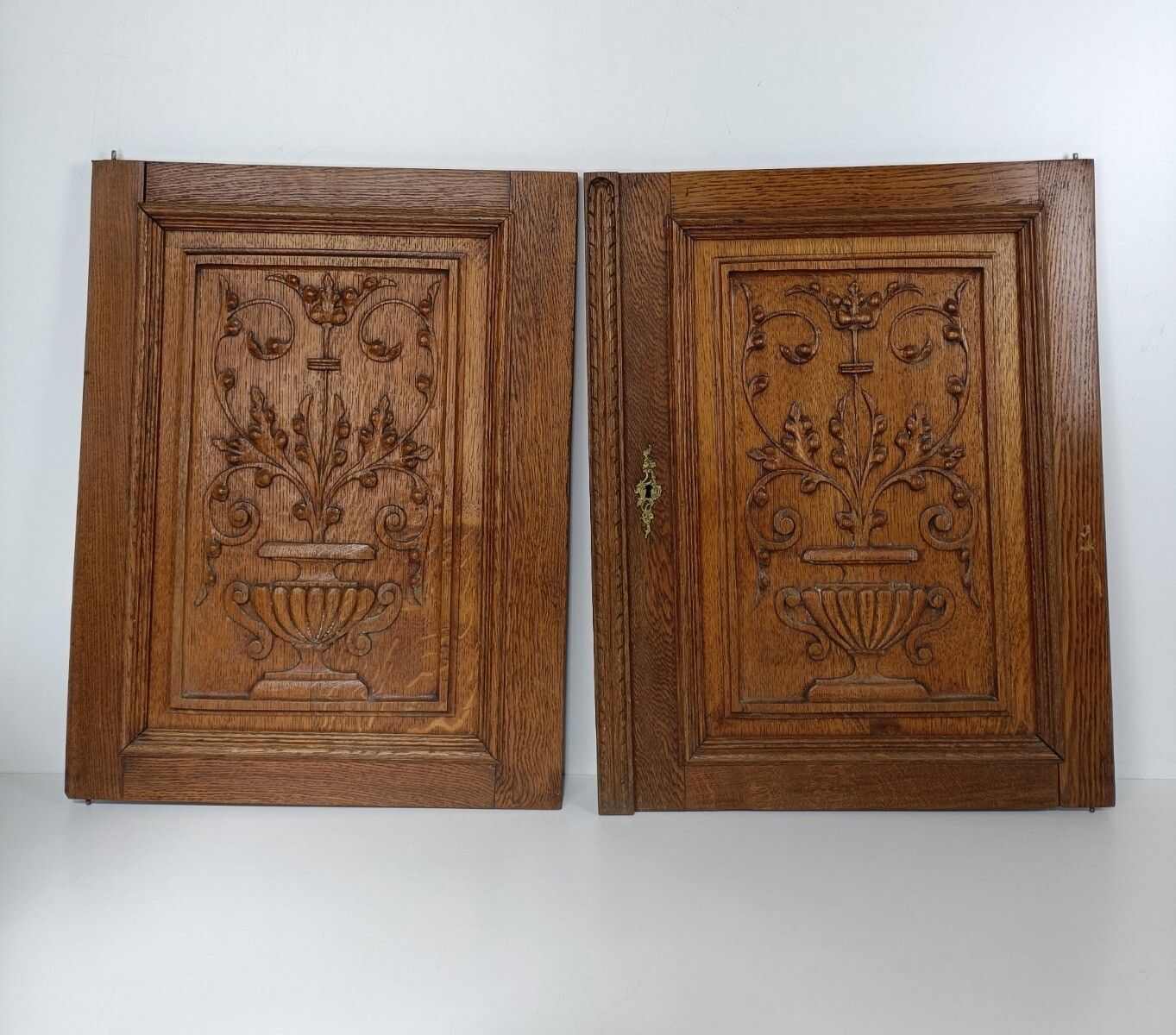 Pair Antique Hand Carved Wood Door Panels Flower Baskets Reclaimed Architectural photo furniture