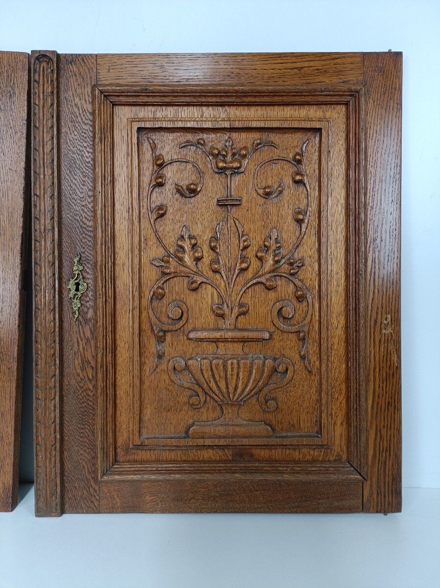 Pair Antique Hand Carved Wood Door Panels Flower Baskets Reclaimed Architectural photo vinterior