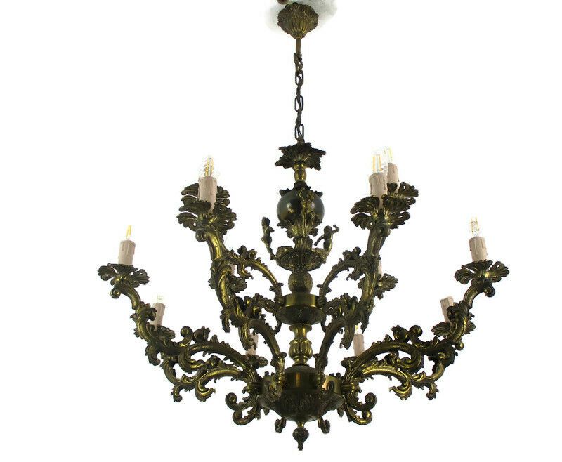 Vintage Chandelier Putti Cherubs Angels 12!! Arm Lights Brass Gorgeous  Two Tier