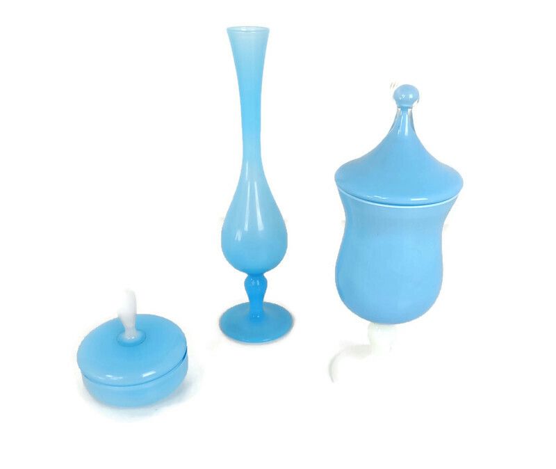 Set Of 3 Azzuro Baby Blue Art Glass Pieces Vase Apothecary Jar Jewelry Trinket B