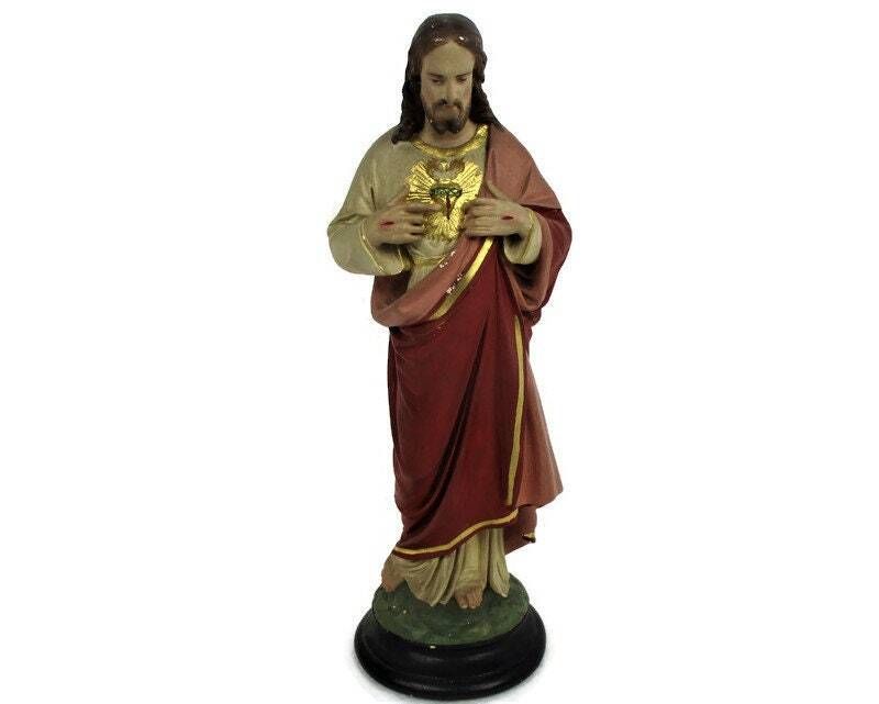 Antique Statue Jesus Christ Savior Sacred Holy Heart Plaster Polychrome Art Deco