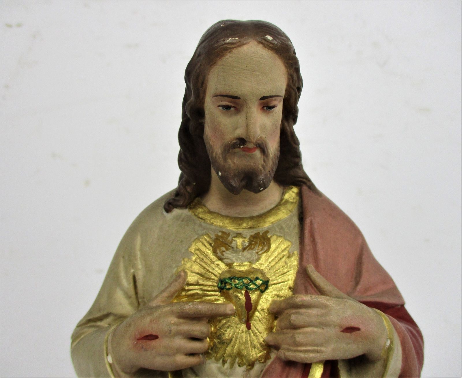 Antique Statue Jesus Christ Savior Sacred Holy Heart Plaster Polychrome Art Deco photo furniture